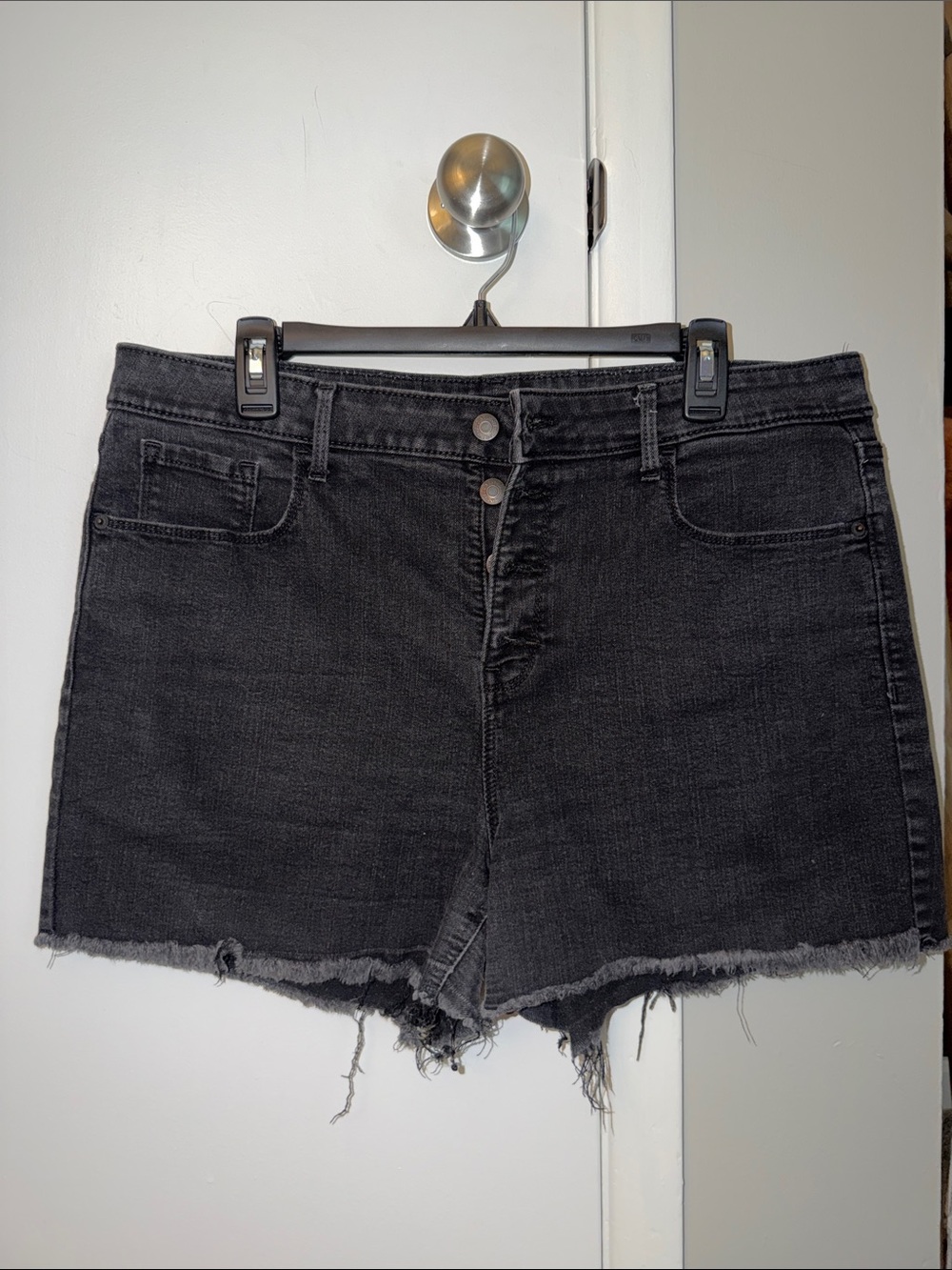 High-Rise Black Denim Jean Shorts with Raw Hem